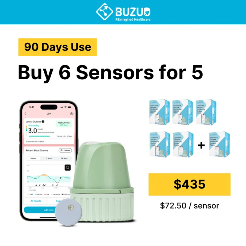 BUZUD Continuous Glucose Monitor (CGM) 2.0 - BUY 6 SENSORS FOR 5 (90 Days Use)